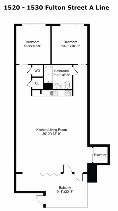 Floor plan for 2 beds, 1 bath, 826 sqft